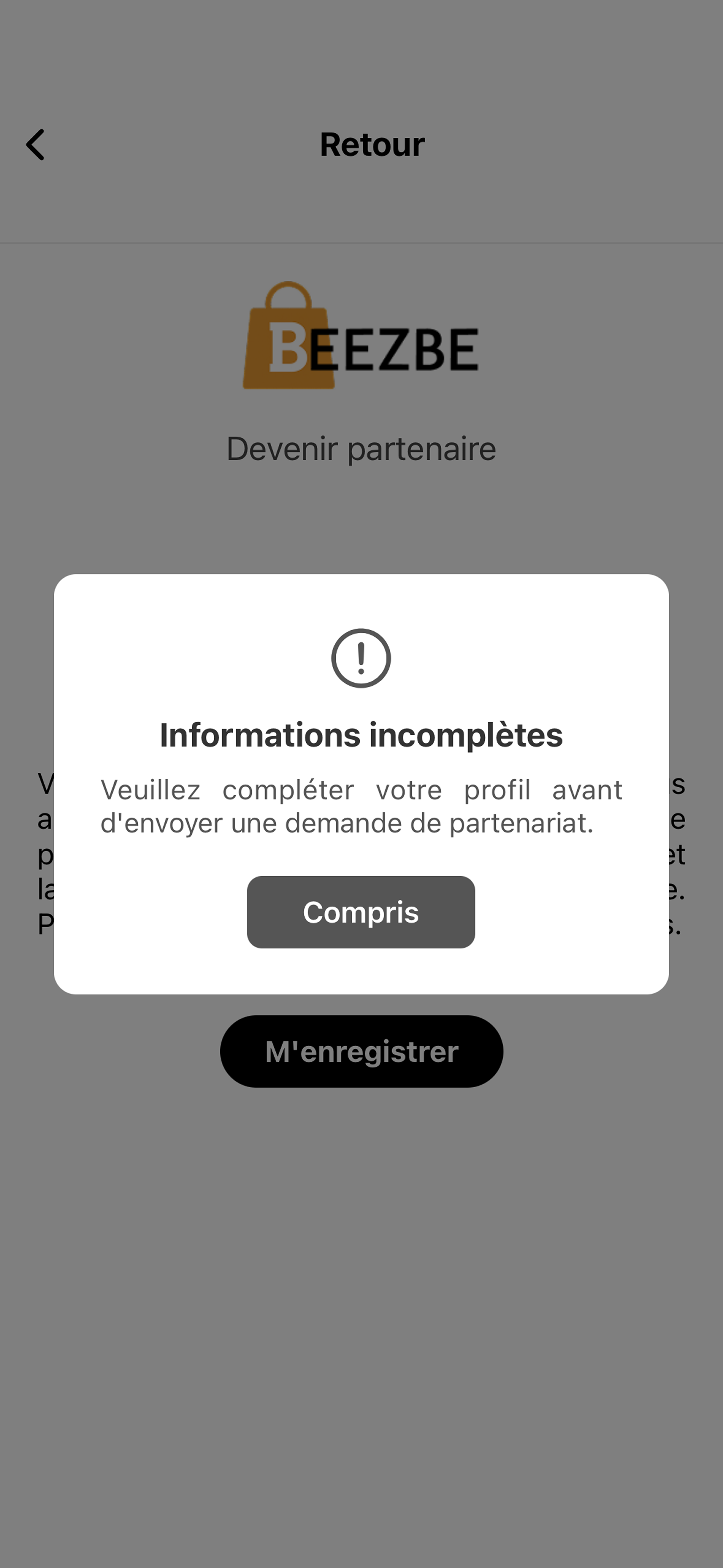Message d'informations manquantes